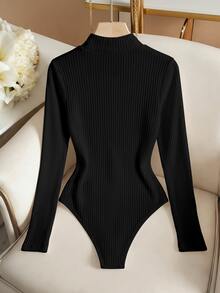SHEIN LUNE Kemeja Dalam Leher Tinggi Bergaris Warna Polos Baru, Lapisan Dasar Rajut Lengan Panjang yang Melangsingkan, Pakaian Dalam Serbaguna untuk Musim Gugur, Pas di Bagian Bawah, Anti Selip, Kantor, Hitam Sederhana - Hitam - View 2