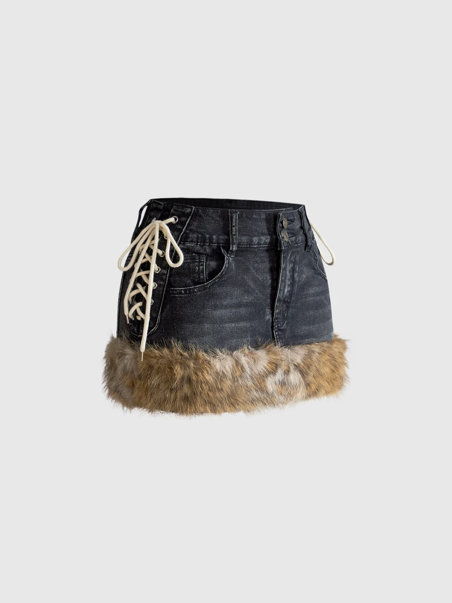 ROMWE Kawaii Y2K Retro Leopard Print Frayed Edge Side Lace-Up Design Women's Mini Low Waist Denim Skirt With Belt Accessory - Grey - View 1