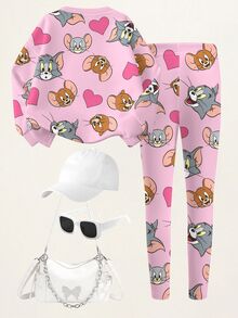 TOM & JERRY X SHEIN 女童卡通印花長袖運動衫與內搭褲套裝 - 白色 - 查看 4