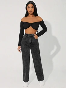 SHEIN PETITE 秋季萬聖節休閒直筒刺繡黑色牛仔褲，水洗日常穿著女款牛仔褲 - 黑色 - 查看 5