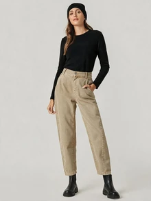 SHEIN BASICS تي شيرت نسائي بلون موحد برقبة دائرية وأكمام طويلة كاجوال متعدد الاستخدامات - أبيض - مشاهدة 3