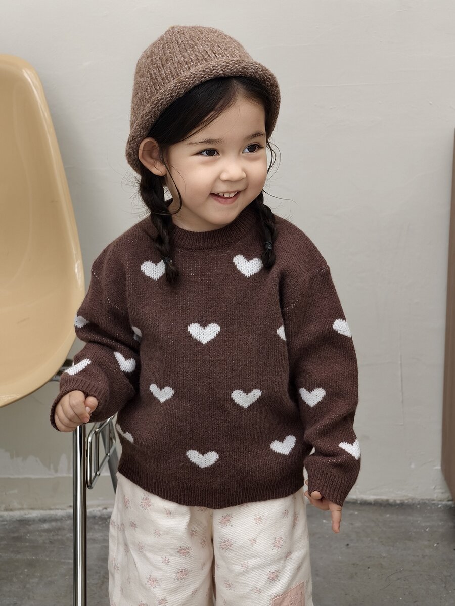 DAZY Infant/Toddler (Girl) Round Neck Colorblock Long Sleeve Sweater, Autumn/Winter - Coffee Brown - View 1