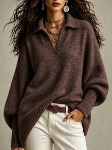 RosyDaze Women Oversized Polo Collar Balloon Sleeve Knit Sweater - Coffee Brown - View 5