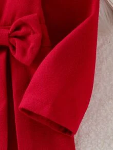 SHEIN 春秋款優雅翻領蝴蝶結裝飾長袖混紡羊毛大衣，金色鈕扣百褶A字版型外套，甜美公主風童裝，適合派對與日常穿著 - 紅色 - 查看 7