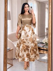 Auveirra Plus Size Elegant Floral Print Round Neck Short Sleeve Dress - Khaki - View 8