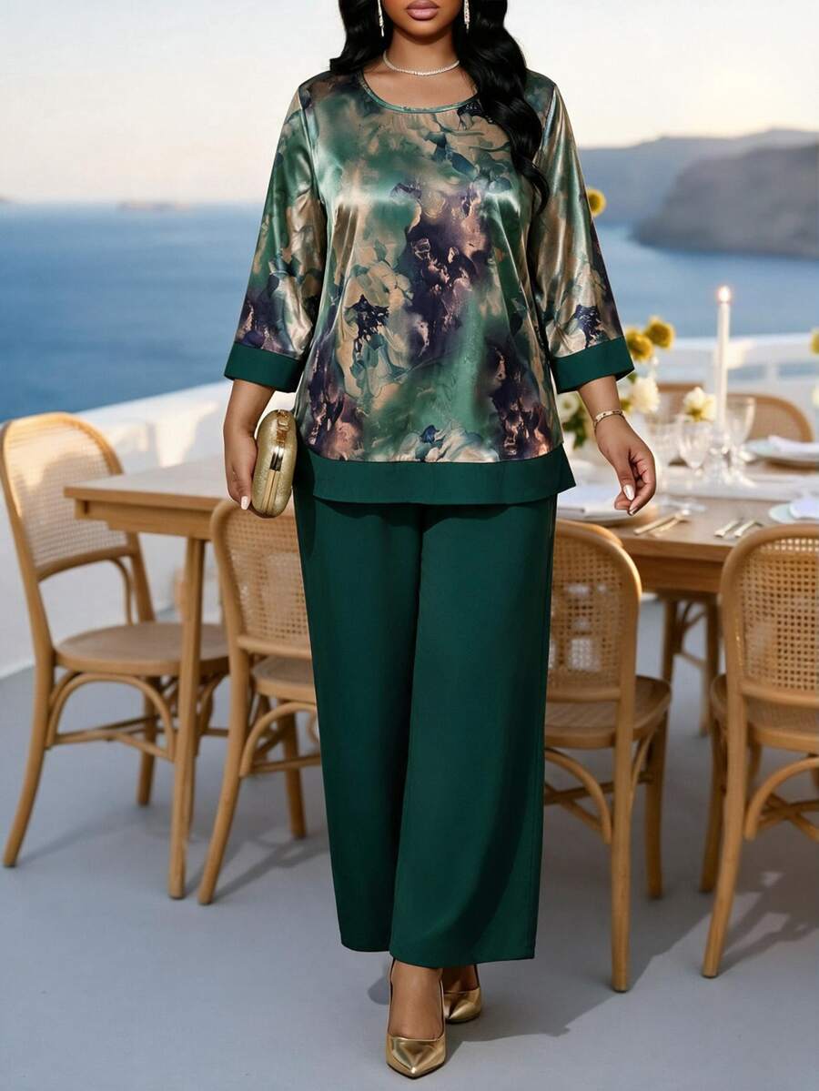 SHEIN Lady 2-delat casual set för kvinnor i plus size med heltryckt långärmad topp med rund hals och byxor för dagligt bruk - Multifärgad - Visa 1