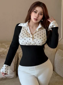 Dazy Plus Black Fitted Long Sleeve T-Shirt With Collar, Patchwork Polka Dot Print, 2 In 1 Design And Flared Cuffs - Black - View 8