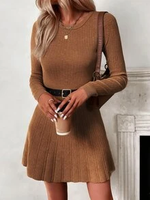 SHEIN 女款純色圓領長袖休閒針織洋裝，秋季 - 鏽棕色 - 查看 6