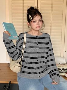Dazy Plus Contrast Stripe Loose Long Sleeve Open Front Letter Patch Casual Elegant Streetwear Vacation Fall Knit Cardigan Homewear Grey - Grey - View 5
