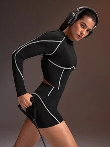 Powerista Women's Contrast Stitching Raglan Long Sleeve T-Shirt And Shorts Sports Set - Black - View 1