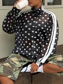 Muchica Plus Size Women's Polka Dot Casual Versatile Long Sleeve Jacket - Black and White - View 3