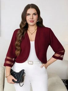 Reflora Plus Size Vintage Mesh Patchwork Jacket For Office And Commute - Burgundy - View 5