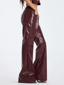 MUSERA Red PU Low Waisted Flare Trouser Pants Fall Winter Women Outfit Casual - Red - View 3