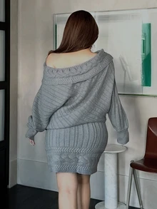 Vibekara Women's Autumn/Winter Design Asymmetric Shoulder Cable Knit Pullover Sweater And Loose Skirt Set - Grey - View 2