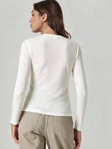 SHEIN BASICS 女款純色圓領長袖休閒百搭T恤 - 白色 - 查看 6