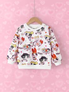 THE POWERPUFF GIRLS X SHEIN Young Girl Cartoon Pattern Casual Daily Long Sleeve Sweatshirt - White - View 3