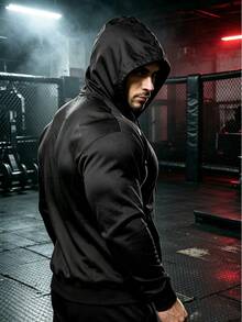 GymBeat Men's Geometric Print Long Sleeve Zip-Up Hooded Drawstring Sports Jacket - Black - View 2