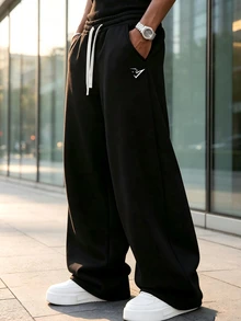 Sport MetroGents 男士青少年街頭時尚印花抽繩長褲，薄款布料休閒慢跑褲，適合日常穿著、戶外活動與運動 - 黑色 - 查看 3