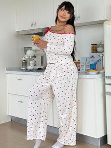 ZzzCrew Set Piyama Celana Panjang Motif Hati Lengan Panjang Bahu Asimetris Seksi Ukuran Plus - Aprikot - View 3