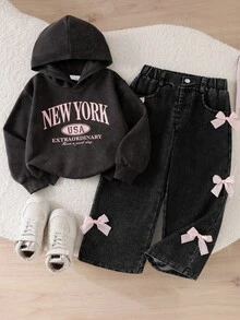 SHEIN Sparklyn Girls 2 Pieces Set, Spring/Autumn Letter Print Long Sleeve Hooded Sweatshirt + Bow Decor Washed Denim Jeans, Casual Children's Outfit, Sweet & Cool Street Style Kids Wear, Suitable For Daily Outings - Grey - View 6