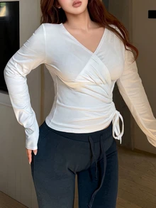 REIGN AVE Elastic Fitted Cinched Waist Short Pullover White Long Sleeve T-Shirt - White - View 8