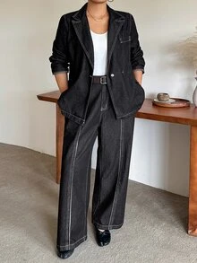 Dazy Plus Loose Long Sleeve Blazer Denim Jacket With Split Line Slimming Long Denim Pants 2 Pieces Set Spring Autumn - Black - View 1