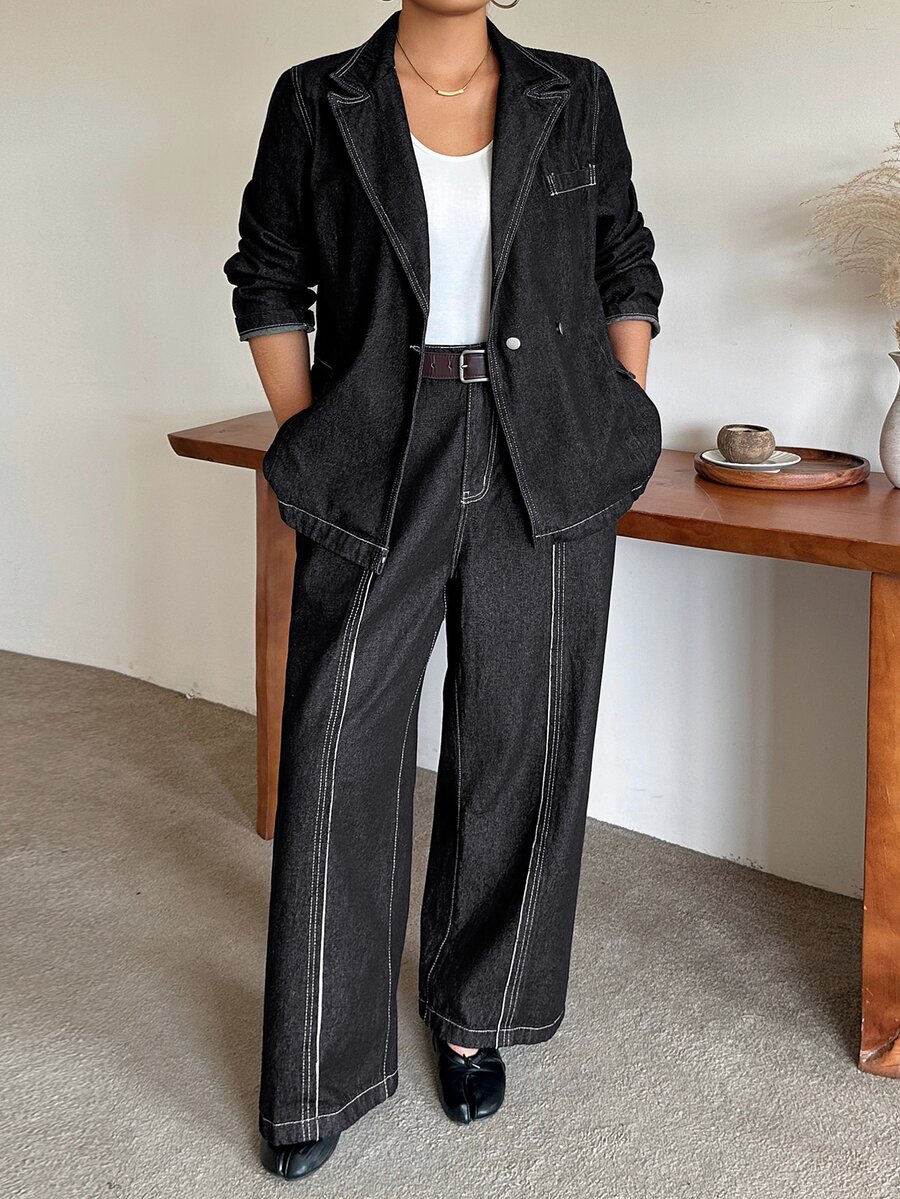 Dazy Plus Loose Long Sleeve Blazer Denim Jacket With Split Line Slimming Long Denim Pants 2 Pieces Set Spring Autumn - Black - View 1