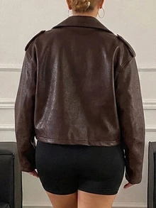 Dazy Plus Plus Size Women's PU Leather Zipper Front Loose Casual Jacket Coat, Autumn New Style Winter - Brown - View 2