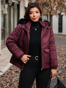 Reflora Plus Size Winter Zipper Pocket Long Sleeve Hooded Padded Coat - Burgundy - View 3