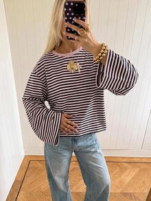 SHEIN EZwear 海外長袖草莓深巧克力條紋上衣，秋季襯衫，適合日常通勤、聚會、秋冬/夏季、聖誕節、新年、感恩節、派對、婚禮、海灘、畢業典禮、優雅、外出、約會、通勤、情人節、優雅、度假、Y2K、畢業典禮等場合 - 彩色 - 查看 5