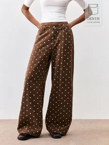 ATUI Studio Celana Jeans Denim Polkadot Cokelat Kasual Wanita - Coklat - View 4