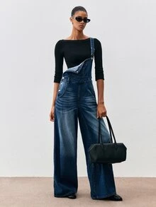 ATUI Studio Women's Loose Wide Leg Casual Versatile Denim Overalls With Pockets - Medium Wash - View 5