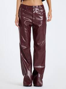 MUSERA Red PU Low Waisted Flare Trouser Pants Fall Winter Women Outfit Casual - Red - View 2