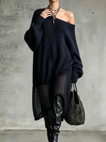 LUMIGAL Women's Solid Color Asymmetrical Shoulder Casual Daily Knit Dress - Apricot - View 3