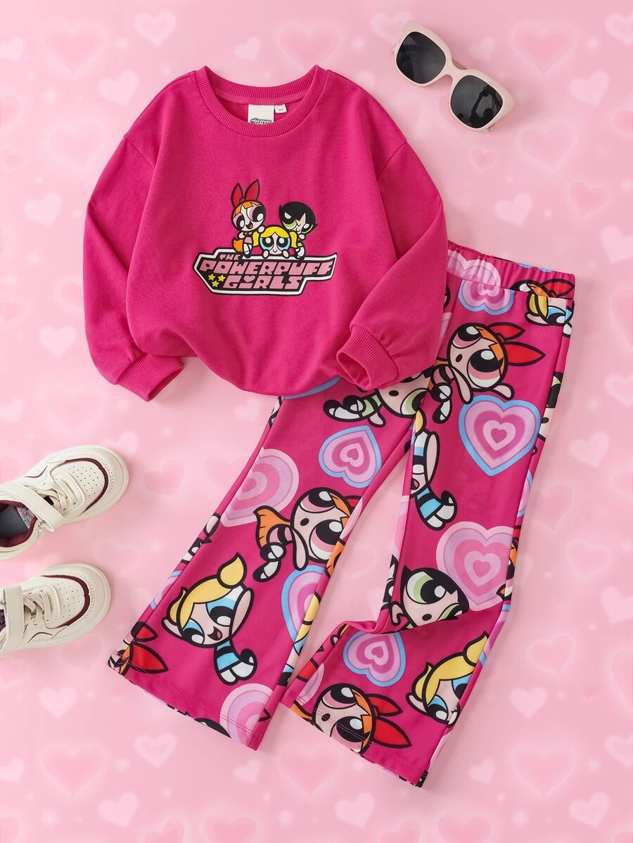 THE POWERPUFF GIRLS X SHEIN Young Girl Letter Print Crew Neck Long Sleeve Sweatshirt And Flared Pants Casual Set - Pink - View 1