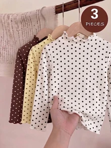 3pcs/Set Girls' Polka Dot Base Layer Tops, Delicate Frill Trim Design On Neckline And Hem, Sweet Vibe, Soft And Stretchy Knitted Fabric - Multicolor - View 1