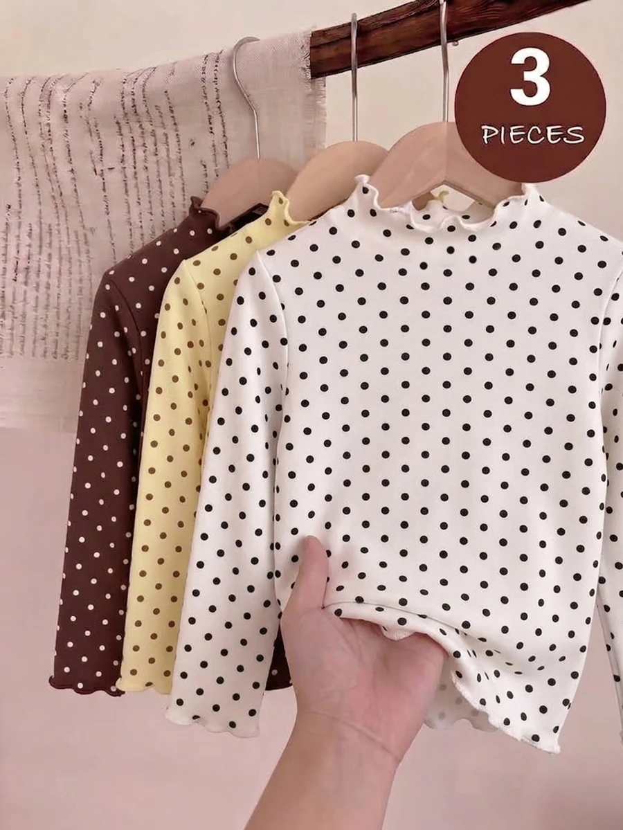 3pcs/Set Girls' Polka Dot Base Layer Tops, Delicate Frill Trim Design On Neckline And Hem, Sweet Vibe, Soft And Stretchy Knitted Fabric - Multicolor - View 1