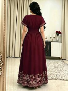 Modelyn Floral Plant Embroidered Style Women's Fashion V-Neck Short Sleeve Cinched Waist Long Dress, Floral Pattern Black Dress, Suitable For Daily And Going Out Wear - Multicolor - View 2