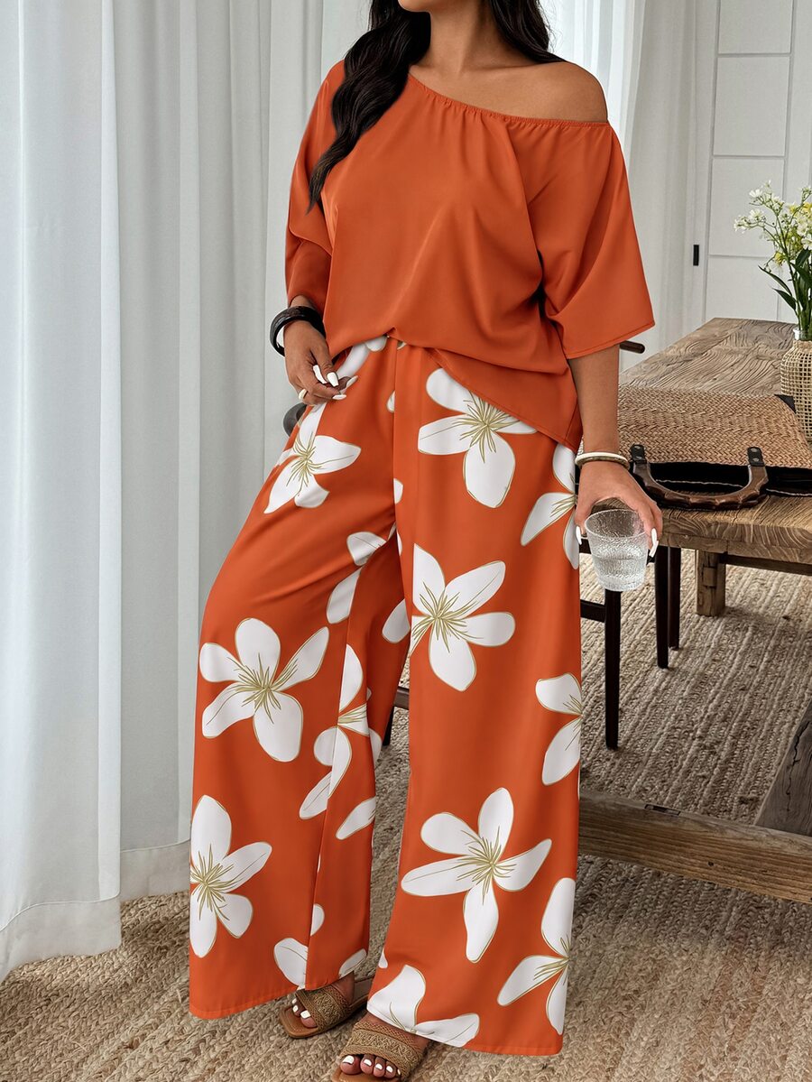 Weeklong Plus Size Women Solid Color Asymmetrical Shoulder Top And Floral Print Long Pants Casual Daily 2 Pieces Set - Multicolor - View 1