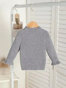 SHEIN Vintaside Kids 女嬰幼兒針織長袖套頭毛衣，荷葉領羅紋領口，白色/奶油色純色，適合秋冬，時尚百搭，適用日常穿著、外出與旅行 - 淺灰色 - 查看 2