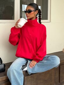 Muchica Women's Red Funnel Neck Snap Button Jacket, Lightweight Long Sleeve Windbreaker With Elastic Cuffs & Pockets For Chic Fall Winter Streetwear Outfits - Red - View 3