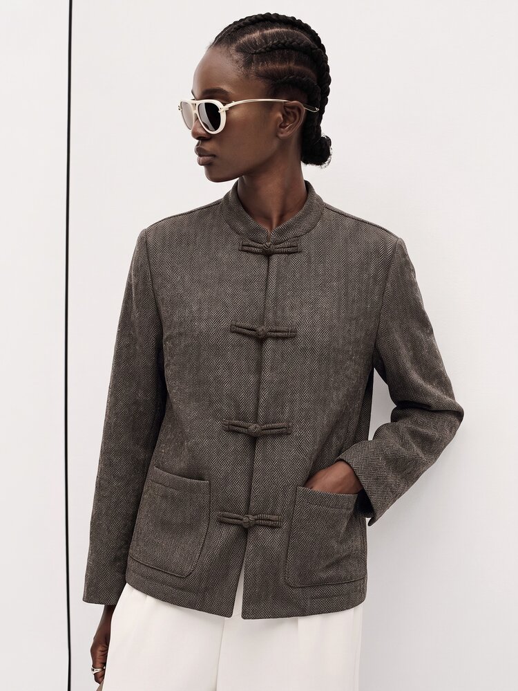Aveloria Modichic Women's Jacket Straight Woolen Chinese Frog Button Stand Collar Modern Brown Herringbone Jacket Autumn Clothes Elegant Women's Clothing National Day - Coffee Brown - View 7