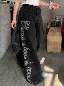 Dazy Plus Plus Size Women's Letter Rhinestone Korean Style Loose Long Denim Jeans - Black - View 8