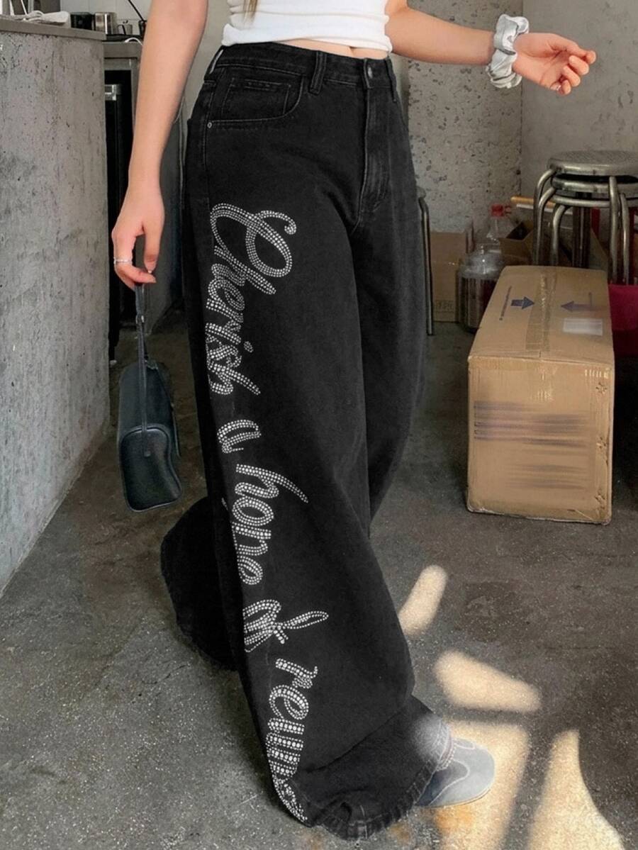 Dazy Plus Plus Size Women's Letter Rhinestone Korean Style Loose Long Denim Jeans - Black - View 1