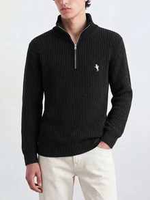 Manfinity Homme Men's Fall Embroidered Minimalist All-Match Casual Daily Wear Design Dropped Shoulder Fitted Long Sleeve Versatile Sweater Pullover Vacation Airport Black - Black - View 4