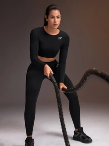 Powerista Women's Minimalist Long Sleeve Top And Fitted Leggings Sports Set - Black - View 7