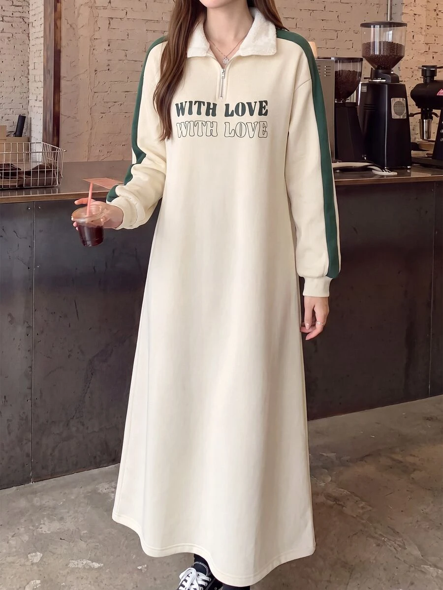 Mulvari Eggshell-Colored Collar Half-Zip Green Lettered Fleece Color-Block Long-Sleeved Casual Dress Fall/Winter - Apricot - View 1