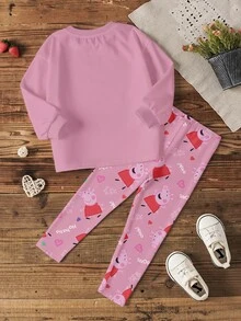 Peppa Pig X SHEIN Young Girl Letter Print Crew Neck Long Sleeve Sweatshirt And Pants Casual Set - White - View 2