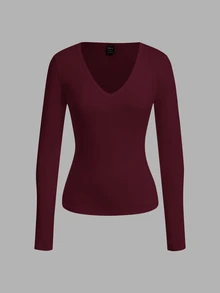 SHEIN EZwear 3件組女款純色V領長袖休閒T恤 - 彩色 - 查看 6
