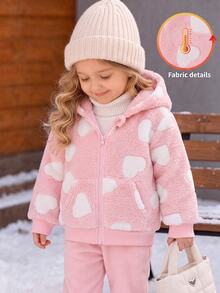 SHEIN Baby Girl Heart Pattern Casual Daily Hooded Jacket - Pink - View 2